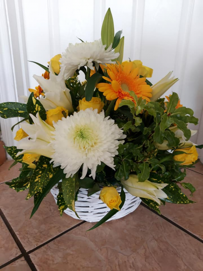 Blooming Useful - White, Yellow and Orange Basket Arrangement