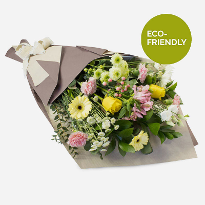 Eden - A soft colour palette of beautiful flowers is wrapped in paper and tied using natural materials. D2F's Eco range has been specially created using fully-biodegradeable or recyclable packaging. Kraft paper, raffia and biodegradeable string, as well as fully-recyclable containers.