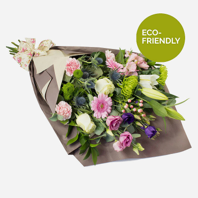 Natures Choice Eco - This very special collection of the finest flowers is wrapped in paper and tied using natural materials.  D2F's Eco range has been specially created using fully-biodegradeable or recyclable packaging. Kraft paper, raffia and biodegradeable string, as well as fully-recyclable containers.