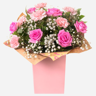 Roses & Ruffles - Pink Roses and Carnations make this gift timeless and classic