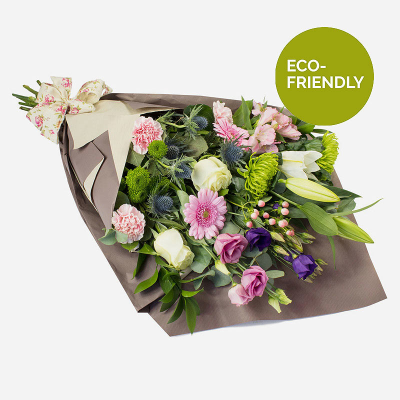 Natures Choice Eco - This very special collection of the finest flowers is wrapped in paper and tied using natural materials.  D2F's Eco range has been specially created using fully-biodegradeable or recyclable packaging. Kraft paper, raffia and biodegradeable string, as well as fully-recyclable containers.
